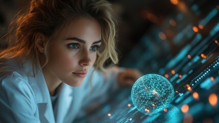 Naklejka premium A focused scientist interacts with a futuristic holographic interface displaying data.