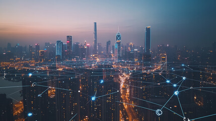 Fototapeta premium Smart digital Innovation city with connection network reciprocity over the cityscape. of future smart wireless city and social media networking systems that connects business people with in city