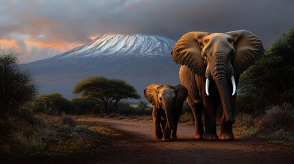Fototapeta premium Majestic Elephants Walking Towards the Kilimanjaro at Sunset