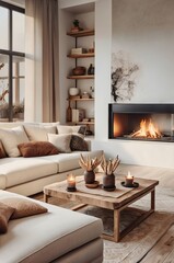 cozy living room, modern rustic interior, neutral color palette, white sofa, wooden coffee table, fireplace, large windows, sheer curtains, potted plant, abstract wall art, textured throw pillows, war