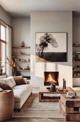 cozy living room, modern rustic interior, neutral color palette, white sofa, wooden coffee table, fireplace, large windows, sheer curtains, potted plant, abstract wall art, textured throw pillows, war