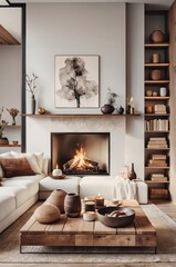 Fototapeta premium cozy living room, modern rustic interior, neutral color palette, white sofa, wooden coffee table, fireplace, large windows, sheer curtains, potted plant, abstract wall art, textured throw pillows, war