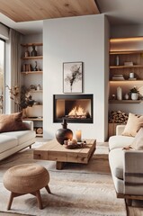 cozy living room, modern rustic interior, neutral color palette, white sofa, wooden coffee table, fireplace, large windows, sheer curtains, potted plant, abstract wall art, textured throw pillows, war