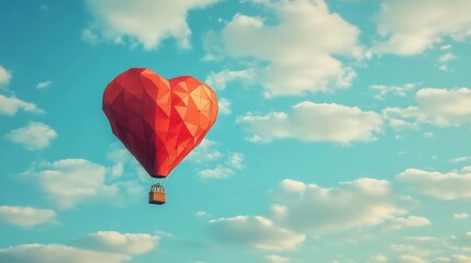 Fototapeta premium Valentine's Day Polygonal Hot Air Balloon Soars in Blue Sky Travel Nature Aerial View