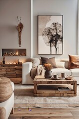 cozy living room, modern rustic interior, neutral color palette, white sofa, wooden coffee table, fireplace, large windows, sheer curtains, potted plant, abstract wall art, textured throw pillows, war