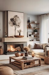 cozy living room, modern rustic interior, neutral color palette, white sofa, wooden coffee table, fireplace, large windows, sheer curtains, potted plant, abstract wall art, textured throw pillows, war