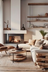 cozy living room, modern rustic interior, neutral color palette, white sofa, wooden coffee table, fireplace, large windows, sheer curtains, potted plant, abstract wall art, textured throw pillows, war