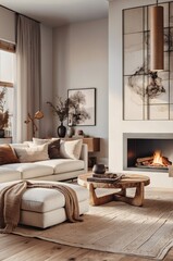 Fototapeta premium cozy living room, modern rustic interior, neutral color palette, white sofa, wooden coffee table, fireplace, large windows, sheer curtains, potted plant, abstract wall art, textured throw pillows, war