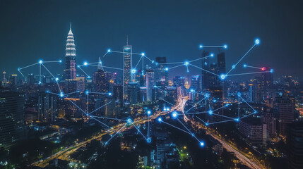 Fototapeta premium Smart digital Innovation city with connection network reciprocity over the cityscape. of future smart wireless city and social media networking systems that connects business people with in city