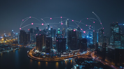 Fototapeta premium Smart digital Innovation city with connection network reciprocity over the cityscape. of future smart wireless city and social media networking systems that connects business people with in city