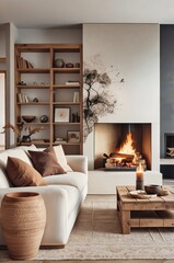 cozy living room, modern rustic interior, neutral color palette, white sofa, wooden coffee table, fireplace, large windows, sheer curtains, potted plant, abstract wall art, textured throw pillows, war