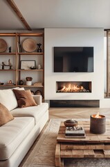 cozy living room, modern rustic interior, neutral color palette, white sofa, wooden coffee table, fireplace, large windows, sheer curtains, potted plant, abstract wall art, textured throw pillows, war