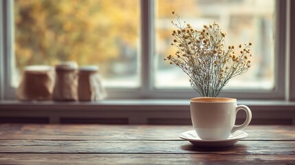 Cozy Coffee Shop Tabletop with Empty Cup and Dried Flowers