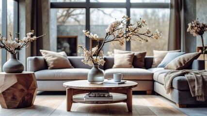 Fototapeta premium Interior design, modern living room, neutral color palette, large windows, natural light, curved sofa, wooden coffee table, marble walls, minimalist decor, floral arrangements, zen atmosphere, Japanes
