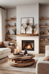cozy living room, modern rustic interior, neutral color palette, white sofa, wooden coffee table, fireplace, large windows, sheer curtains, potted plant, abstract wall art, textured throw pillows, war