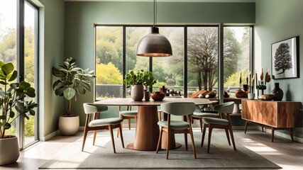 Fototapeta premium Mid-century modern living room, sage green walls, floor-to-ceiling windows, natural light, wooden ceiling, pendant light, green velvet sofa, leather armchair, houseplants, area rug, coffee table, retr