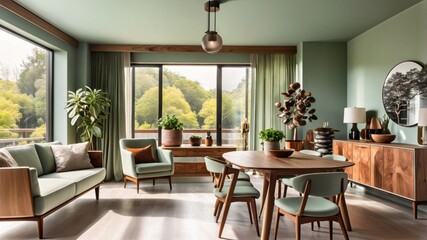 Mid-century modern living room, sage green walls, floor-to-ceiling windows, natural light, wooden ceiling, pendant light, green velvet sofa, leather armchair, houseplants, area rug, coffee table, retr