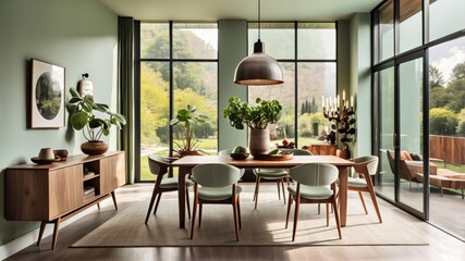 Mid-century modern living room, sage green walls, floor-to-ceiling windows, natural light, wooden ceiling, pendant light, green velvet sofa, leather armchair, houseplants, area rug, coffee table, retr