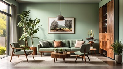 Mid-century modern living room, sage green walls, floor-to-ceiling windows, natural light, wooden ceiling, pendant light, green velvet sofa, leather armchair, houseplants, area rug, coffee table, retr