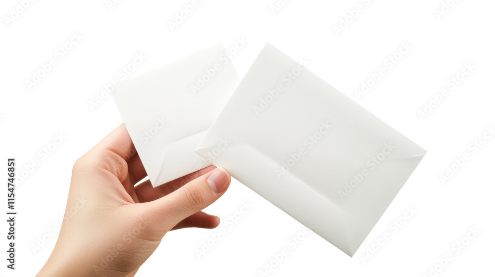 Poster hand holding two blank white envelopes on transparent background