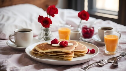 A table set for breakfast in bed with heart-shaped pancakes, holiday promo poster valentine day sale banner background, vibrant colors, romantic love and harmony