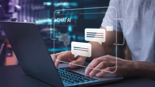 ChatGPT, LLMs (Large Language Models) Chat With AI Technology. Man Using a Laptop Computer Chatting With an Intelligent Artificial Intelligence. Smart Assistant Futuristic Concept Background.
