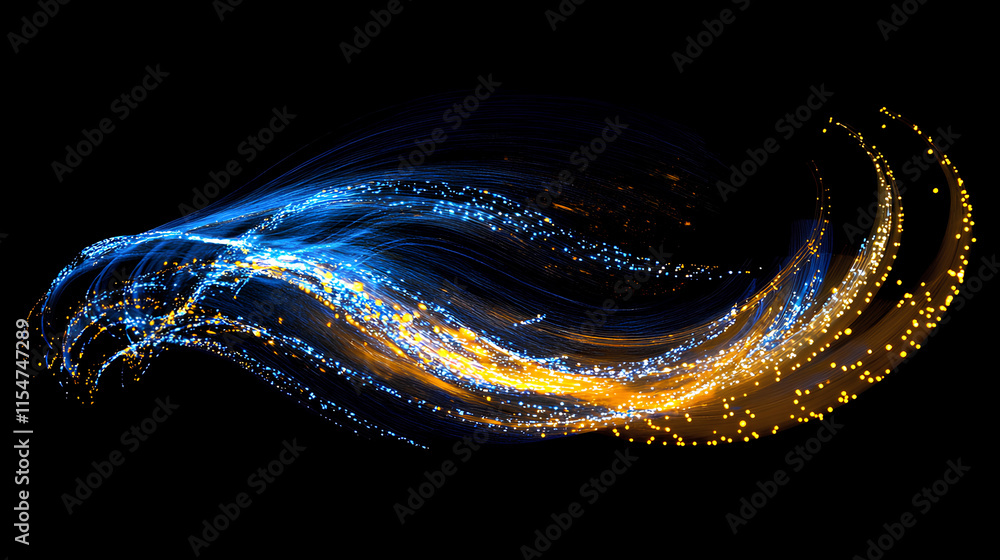 Poster abstract light lines of motion and speed with sparks of blue and yellow color. light everyday lumino