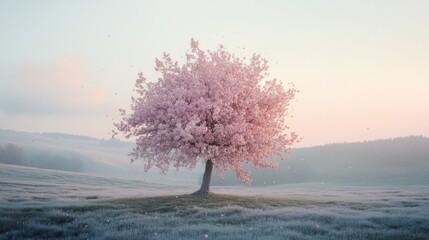 A solitary pink blossom tree stands in a serene, frosty landscape at dawn.