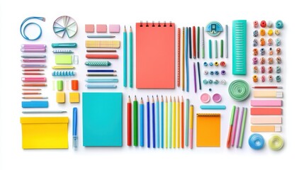 A flat lay of colorful office supplies arranged neatly on a white background with plenty of copy space
