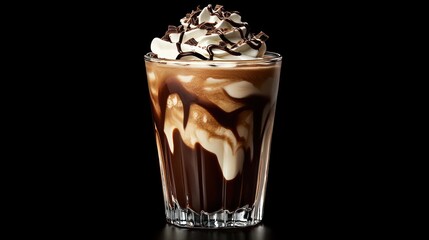 Iced chocolate drink with whipped cream and chocolate drizzle in a glass.