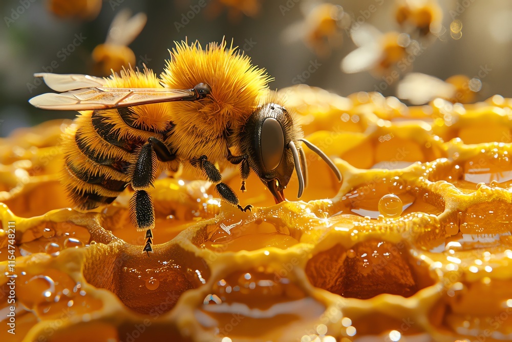 Poster honeybee collecting nectar from honeycomb.