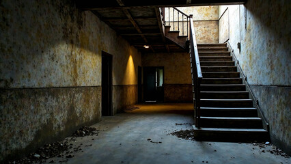 Obraz premium empty basement in abandoned old industrial building with little light and a wooden stairs new image 