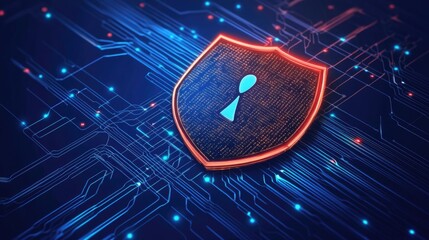 A digital shield symbolizing cybersecurity with circuit patterns and glowing elements.