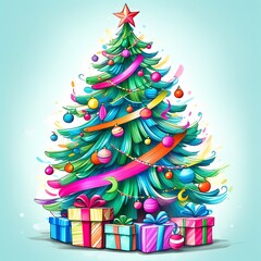Colorful Christmas Tree with Ornaments and Presents in Festive Illustration