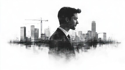 Pensive businessman double exposure cityscape.