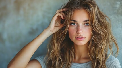 Obraz premium Portrait of a woman with tousled hair against a textured wall.