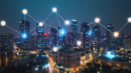 Fototapeta premium Smart digital Innovation city with connection network reciprocity over the cityscape. of future smart wireless city and social media networking systems that connects business people with in city