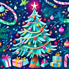 Colorful illustration featuring a Christmas tree adorned with ornaments and surrounded by presents. The background contains festive elements symbolizing joyful holiday celebration