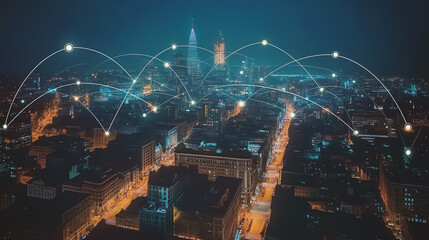 Obraz premium Smart digital Innovation city with connection network reciprocity over the cityscape. of future smart wireless city and social media networking systems that connects business people with in city