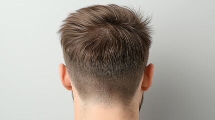Obraz premium Rear view of a man's stylish haircut against a plain background.
