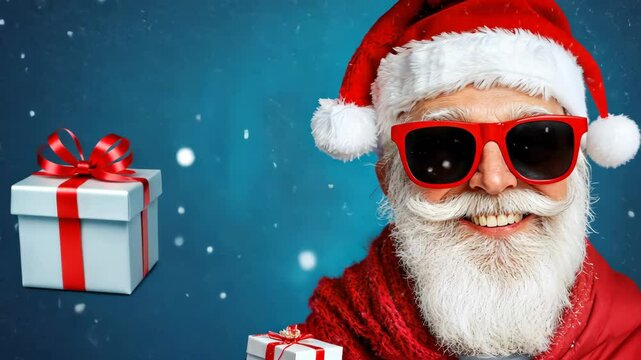 Jolly santa smiling with floating gift amidst falling snowflakes