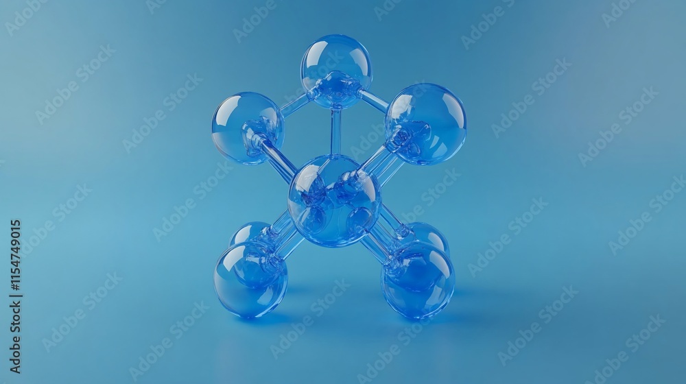 Poster a 3d model of a blue molecular structure on a gradient background.