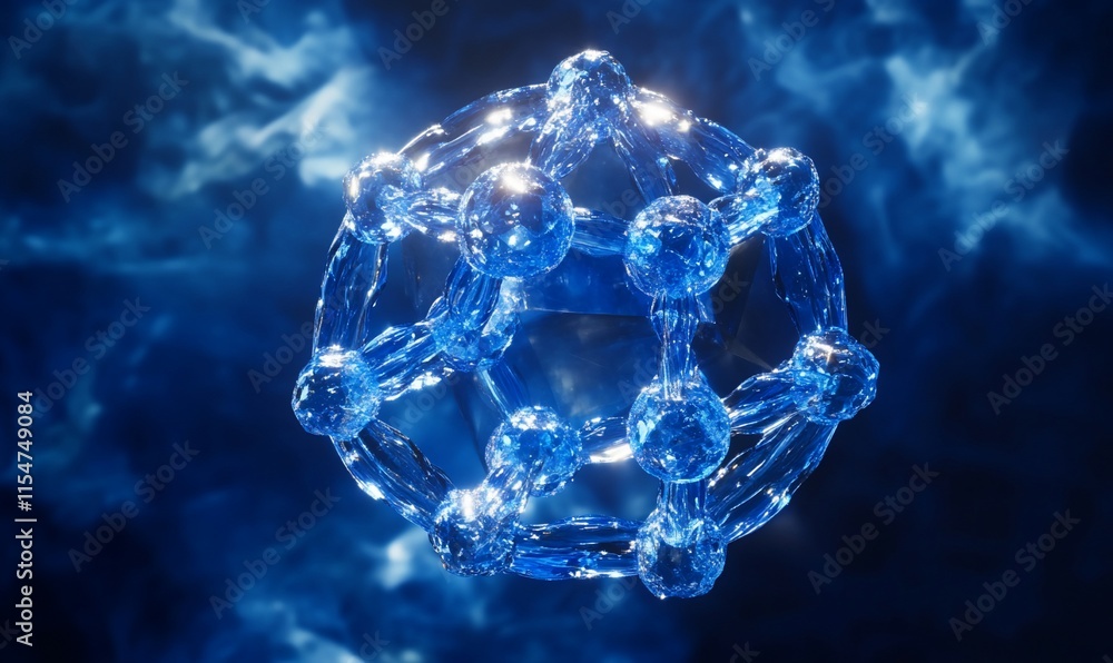 Poster a 3d representation of a molecular structure in a blue, abstract environment.