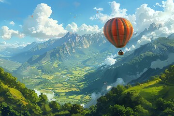 Fototapeta premium Hot air balloon soaring over majestic mountains and valley.