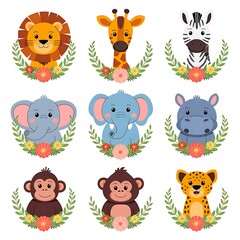 Fototapeta premium Set of ten happy safari animals with floral wreaths, colorful vector style, medium eyes, white background.
