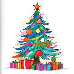 A vibrant and artistic depiction of a decorated Christmas tree with gifts below, showcasing holiday joy and festive celebration with colorful ornaments and beautifully wrapped presents