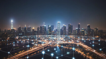 Obraz premium Smart digital Innovation city with connection network reciprocity over the cityscape. of future smart wireless city and social media networking systems that connects business people with in city