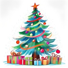 Vibrant sketch of a Christmas tree adorned with ornaments, ribbons, and a star, surrounded by festive wrapped gifts. Perfect holiday depiction filled with seasonal joy and cheer