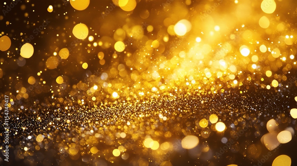 Poster shimmering golden particles creating waves in dark background