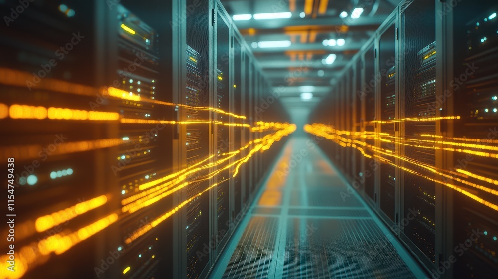 Aufkleber sleek server room with glowing data streams. illustrates high-speed data transfer and modern technol
